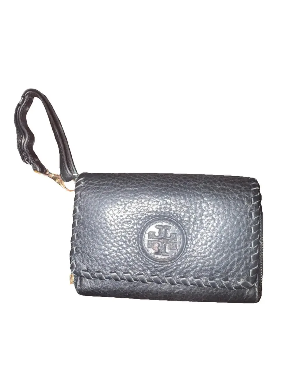 Tory Burch Wristlet Wallet Pebbled Leather Black Small Gold Hardware
